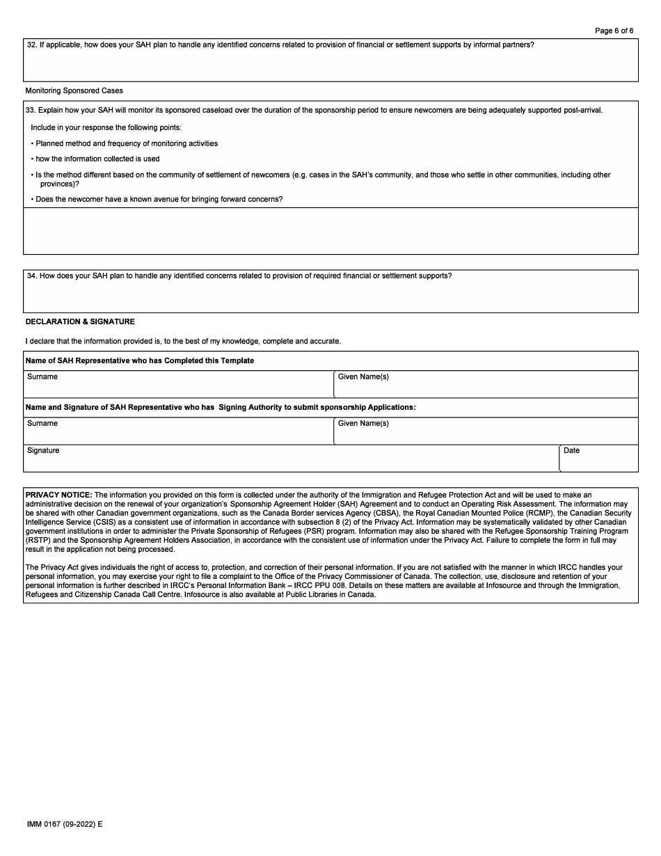 Form IMM0167 Sponsorship Agreement Holder (Sah) Organizational Assessment - Canada, Page 6