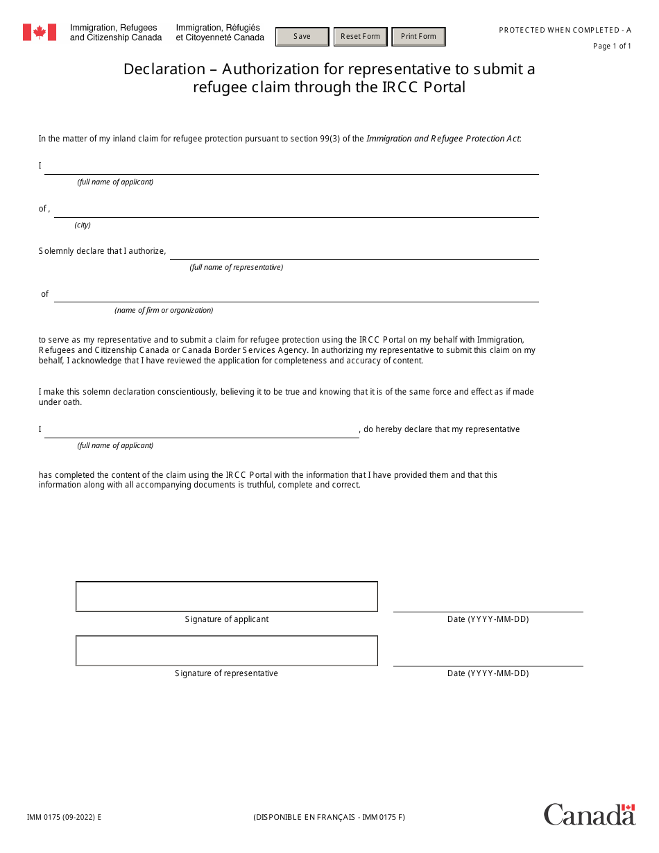 Form IMM0175 Declaration - Authorization for Representative to Submit a Refugee Claim Through the Ircc Portal - Canada, Page 1