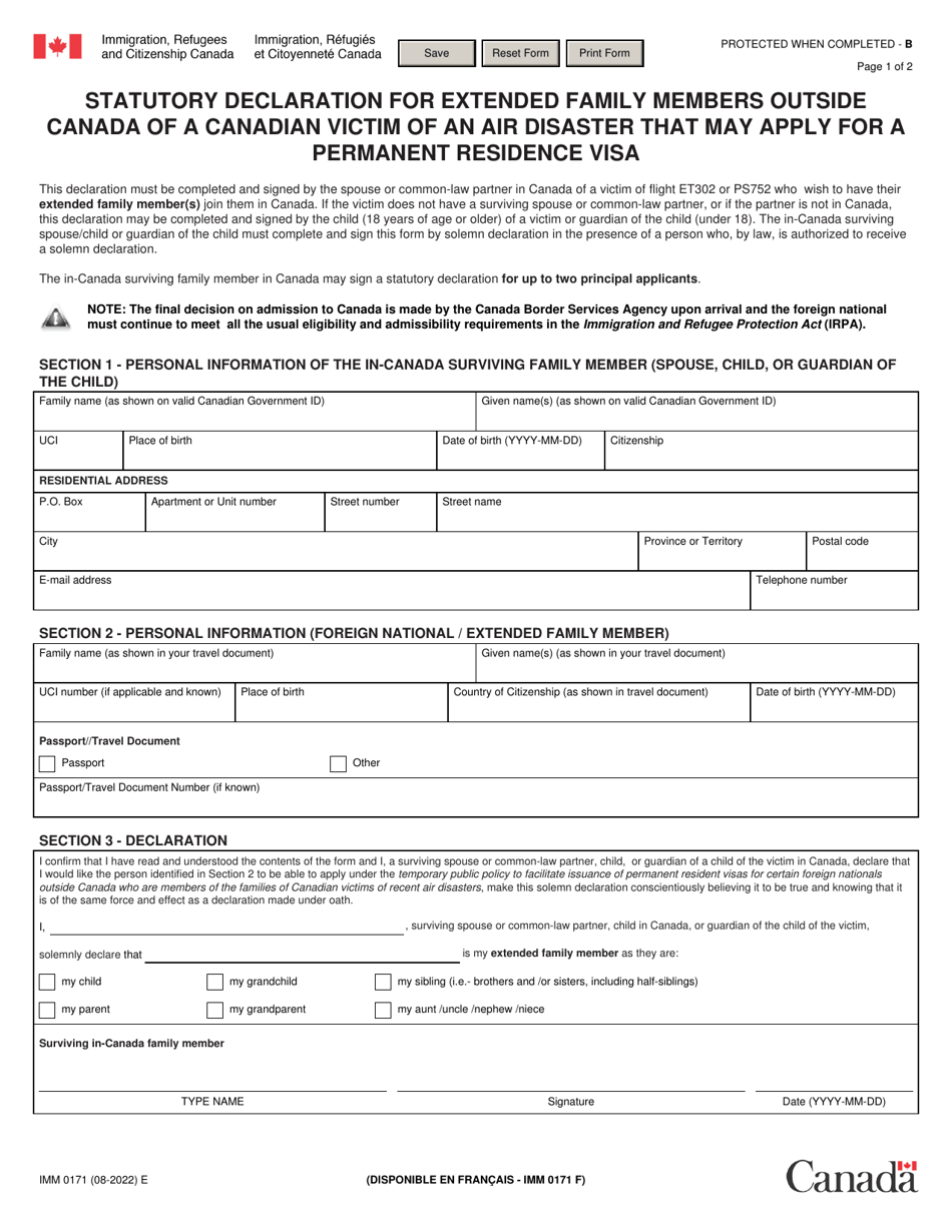 Form IMM0171 Statutory Declaration for Extended Family Members Outside Canada of a Canadian Victim of an Air Disaster That May Apply for a Permanent Residence Visa - Canada, Page 1