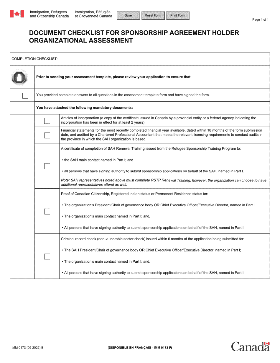 Form IMM0173 Document Checklist for Sponsorship Agreement Holder (Sah) Organizational Assessment - Canada, Page 1
