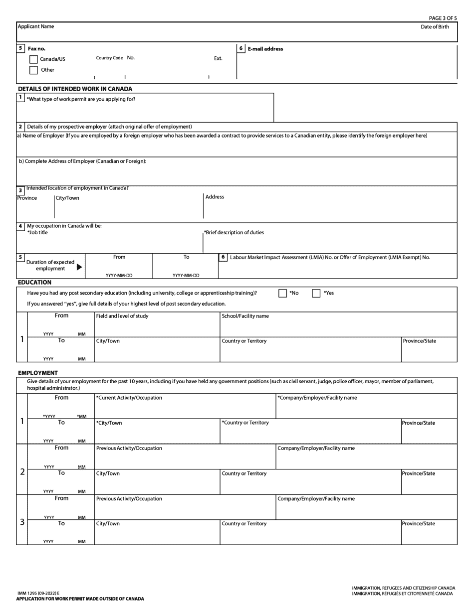Form IMM1295 Application for a Work Permit Made Outside of Canada - Canada, Page 3