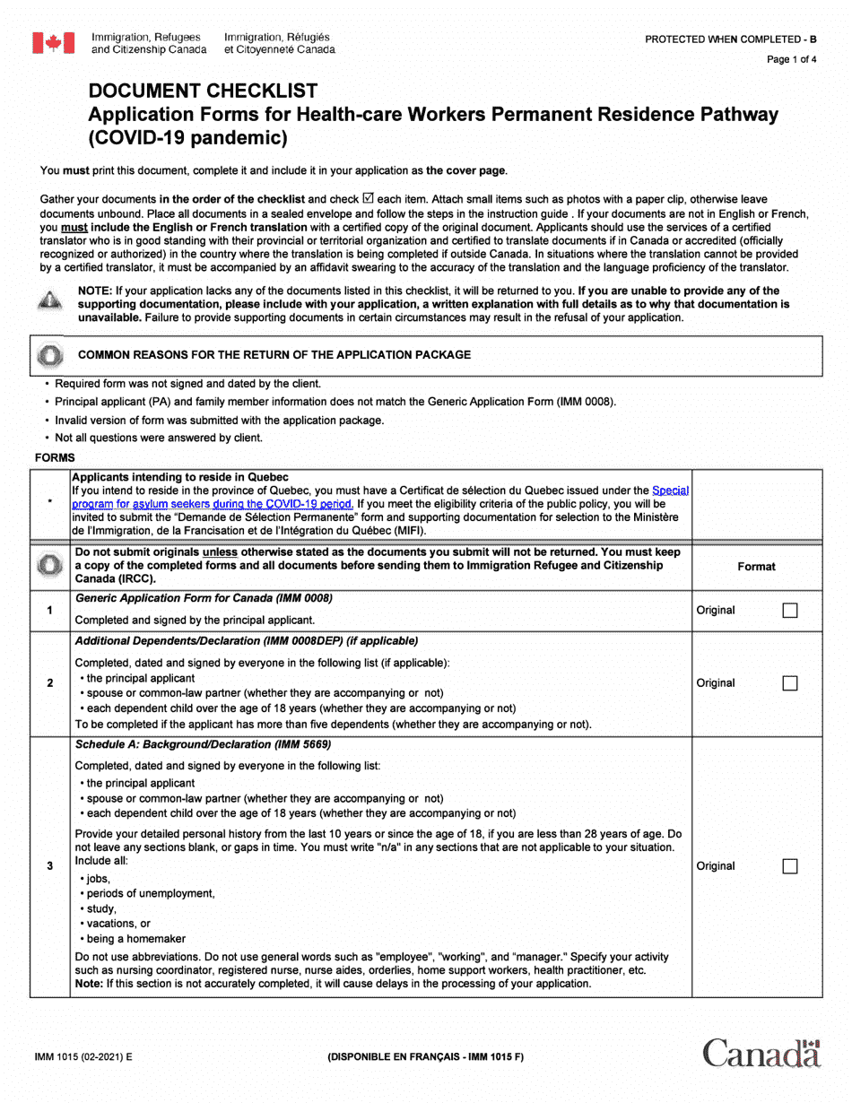Form IMM1015 Document Checklist - Application Forms for Health-Care Workers Permanent Residence Pathway (Covid-19 Pandemic) - Canada, Page 1
