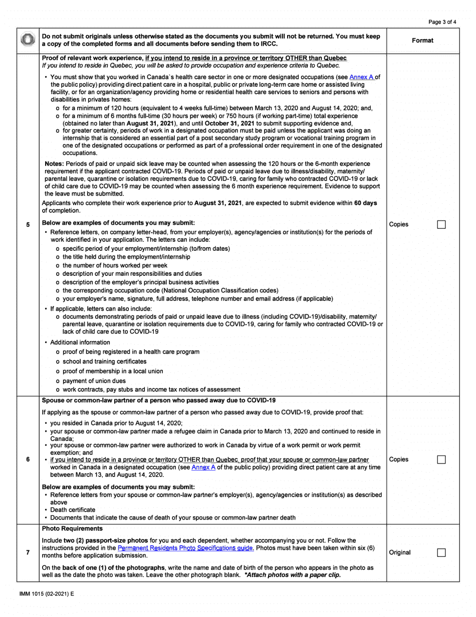 Form IMM1015 Document Checklist - Application Forms for Health-Care Workers Permanent Residence Pathway (Covid-19 Pandemic) - Canada, Page 3