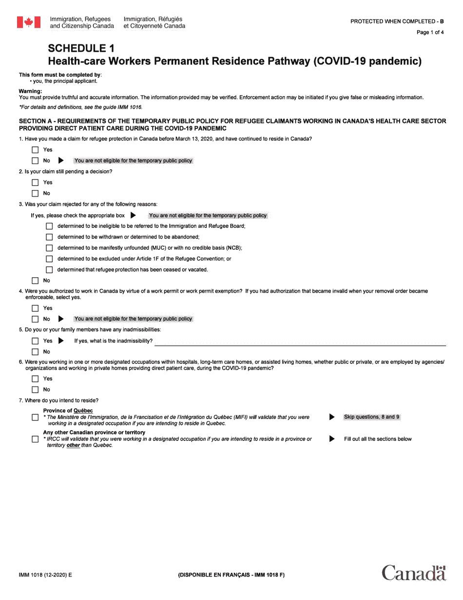 Form IMM1018 Schedule 1 Health-Care Workers Permanent Residence Pathway - Canada, Page 1