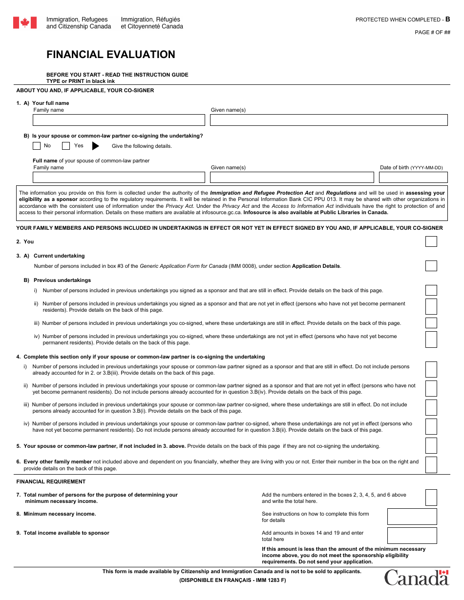 Form IMM1283 Financial Evaluation - Canada, Page 1