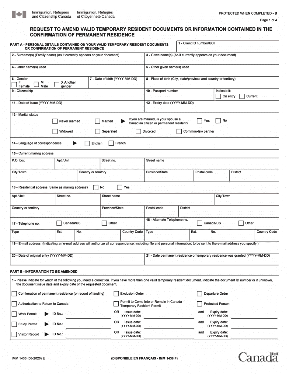 Form IMM1436 Application to Amend the Record of Landing, Confirmation of Permanent Resident or Valid Temporary Resident Documents - Canada, Page 1