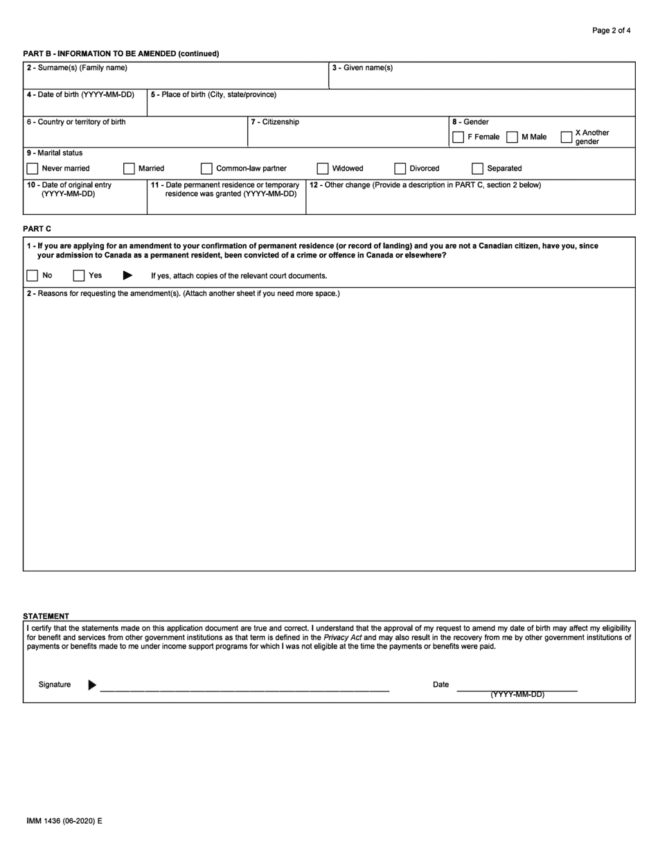 Form IMM1436 Download Fillable PDF Application to Amend the Record of ...