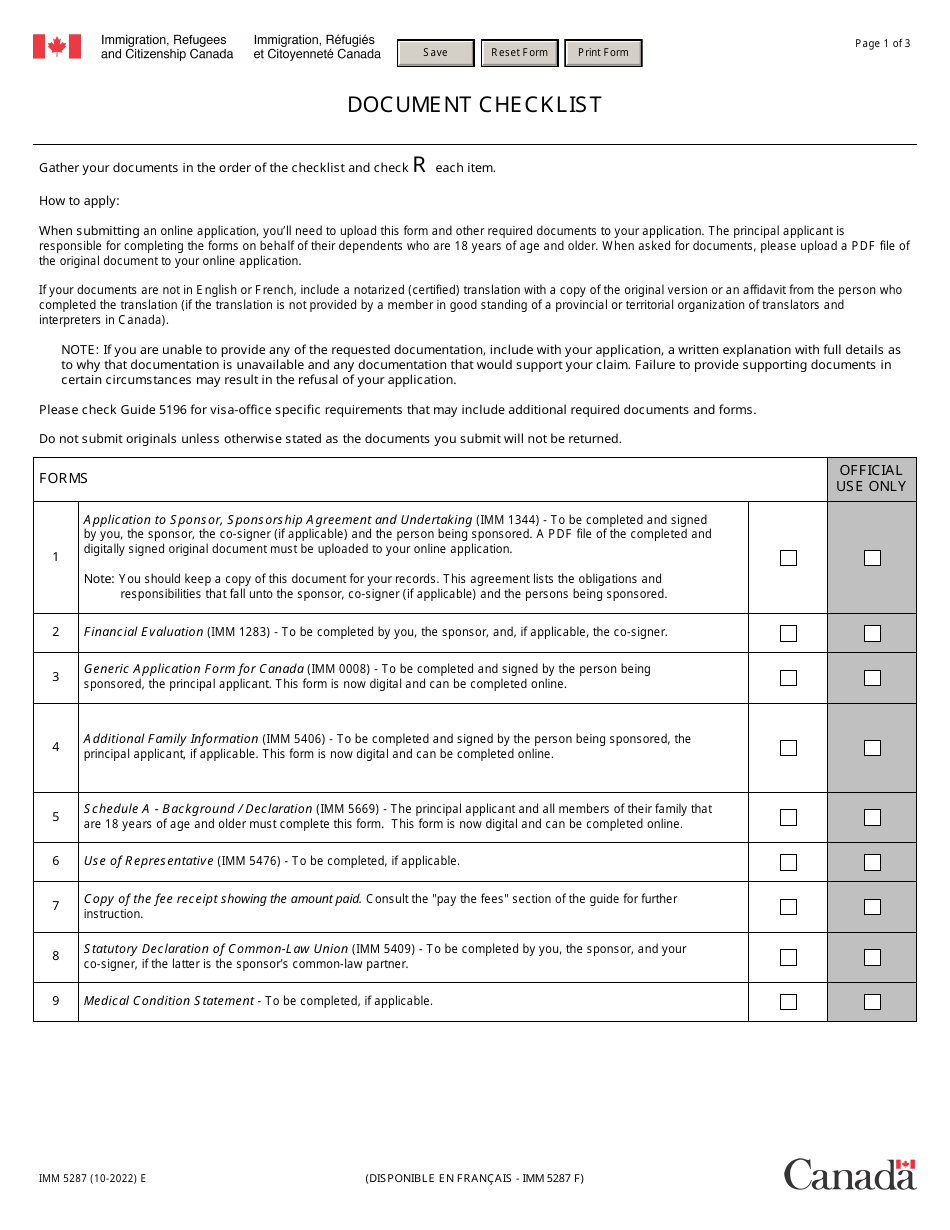Form IMM5287 Document Checklist - Sponsor - Canada, Page 1
