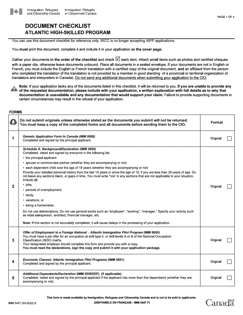 Form IMM5457 Document Checklist - Atlantic High-Skilled Program - Canada, Page 1