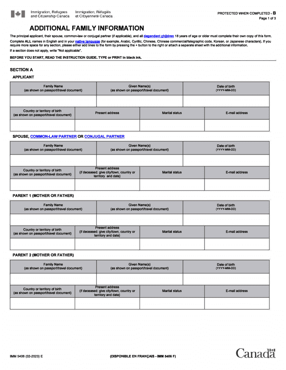 Form IMM5406 Additional Family Information Form - Permanent Residence - Canada, Page 1
