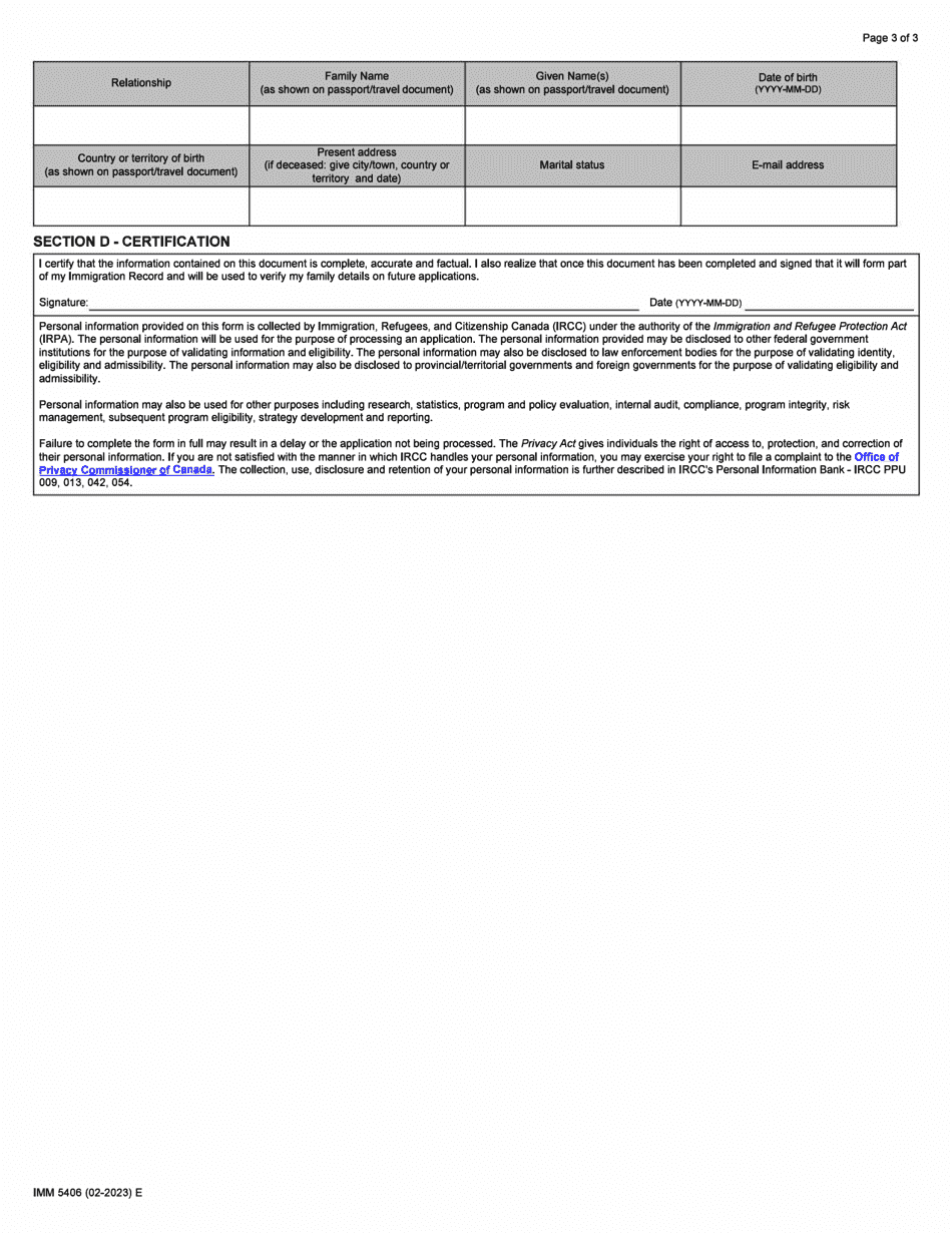 Form IMM5406 Additional Family Information Form - Permanent Residence - Canada, Page 3