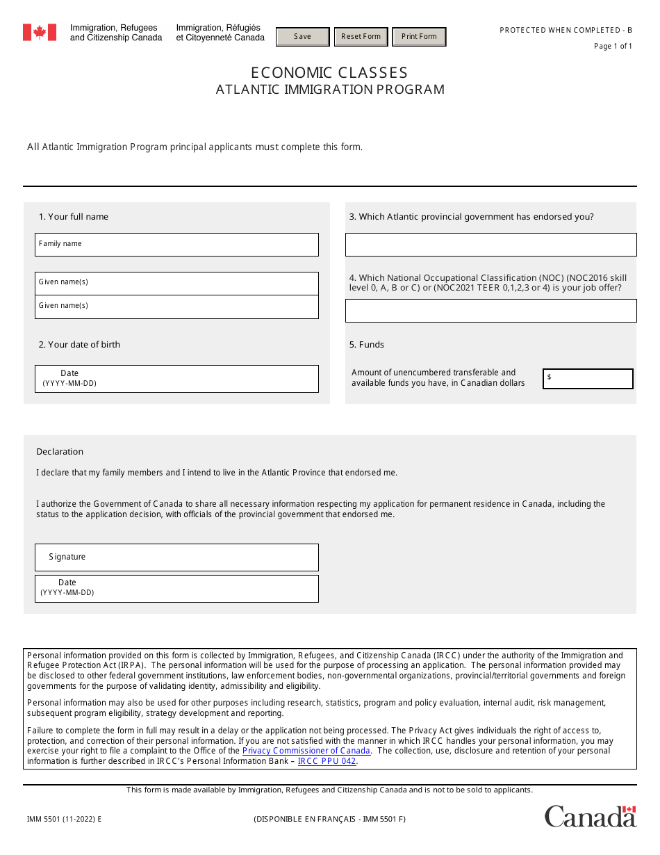 Form IMM5501 Economic Classes - Atlantic Immigration Program - Canada, Page 1