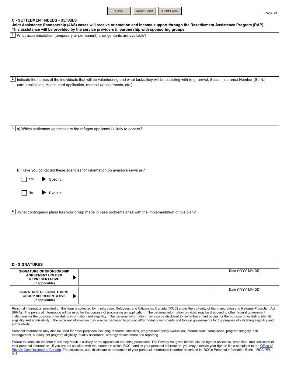 Form IMM5494 Download Fillable PDF Settlement Plan - Joint Assistance ...