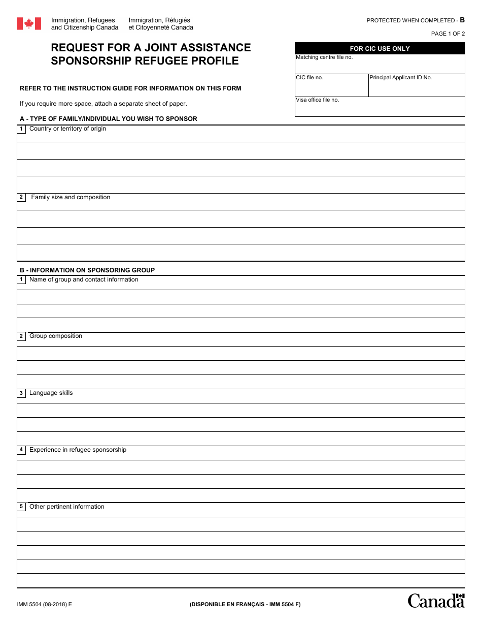 Form IMM5504 Request for a Joint Assistance Sponsorship Refugee Profile - Canada, Page 1