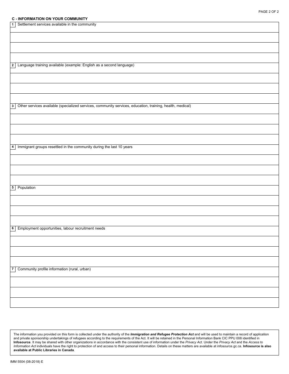 Form IMM5504 Request for a Joint Assistance Sponsorship Refugee Profile - Canada, Page 2