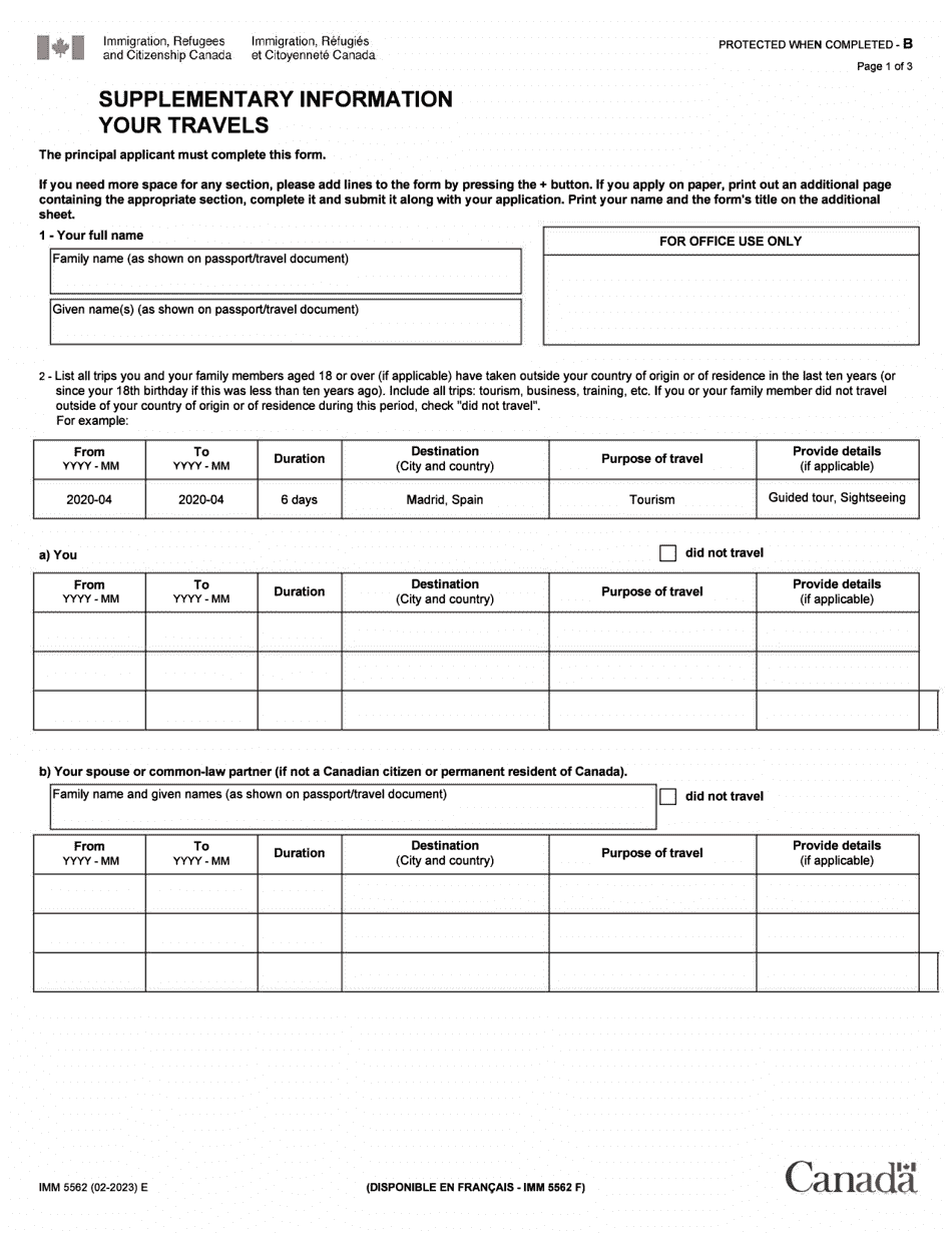 Form IMM5562 Supplementary Information - Your Travels - Canada, Page 1