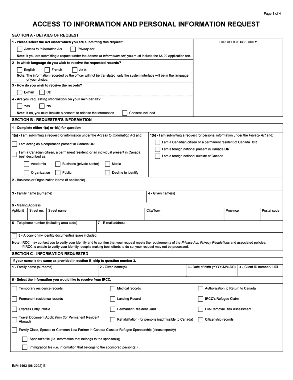 Form IMM5563 Download Fillable PDF Access to Information and Personal