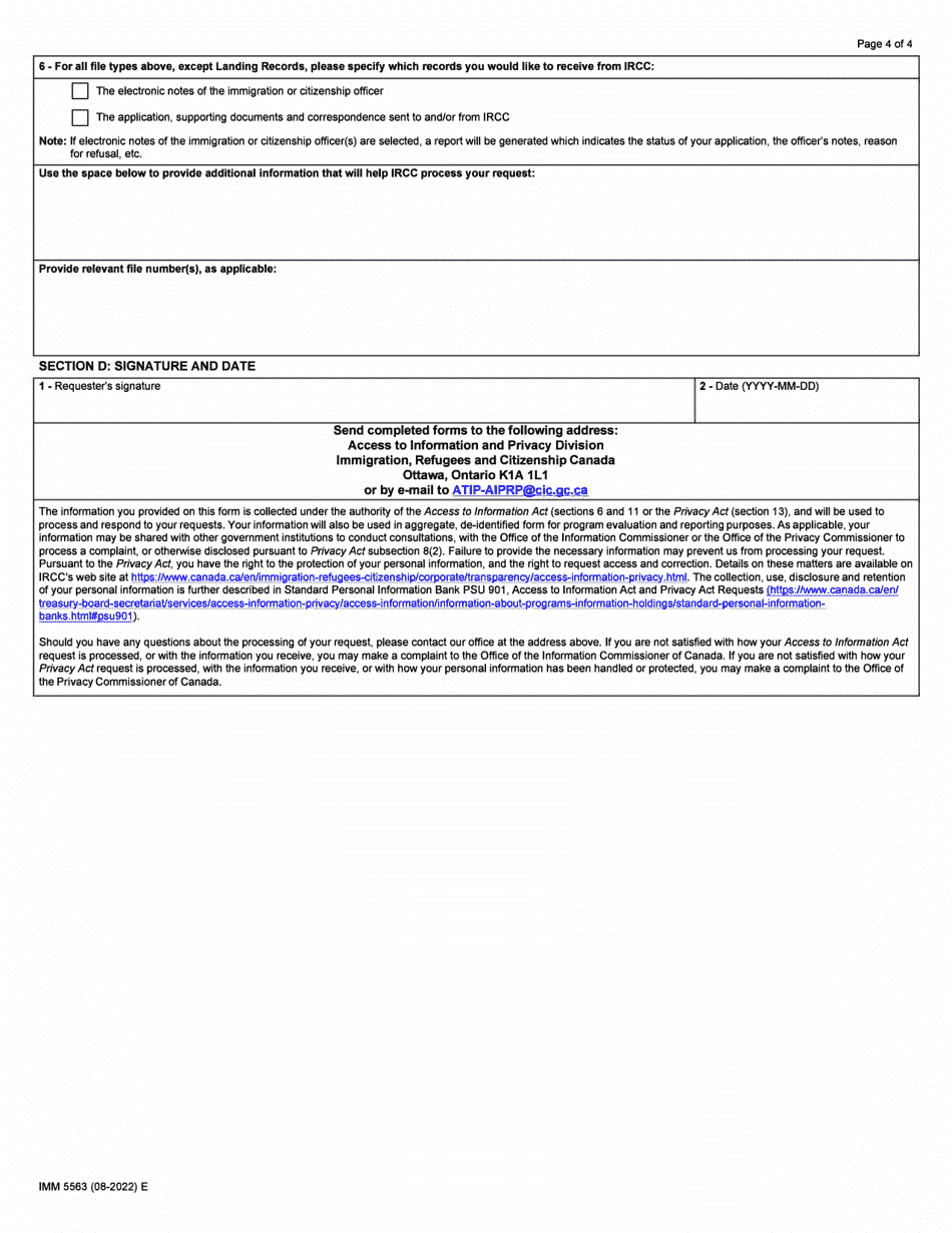 Form IMM5563 Download Fillable PDF Access to Information and Personal