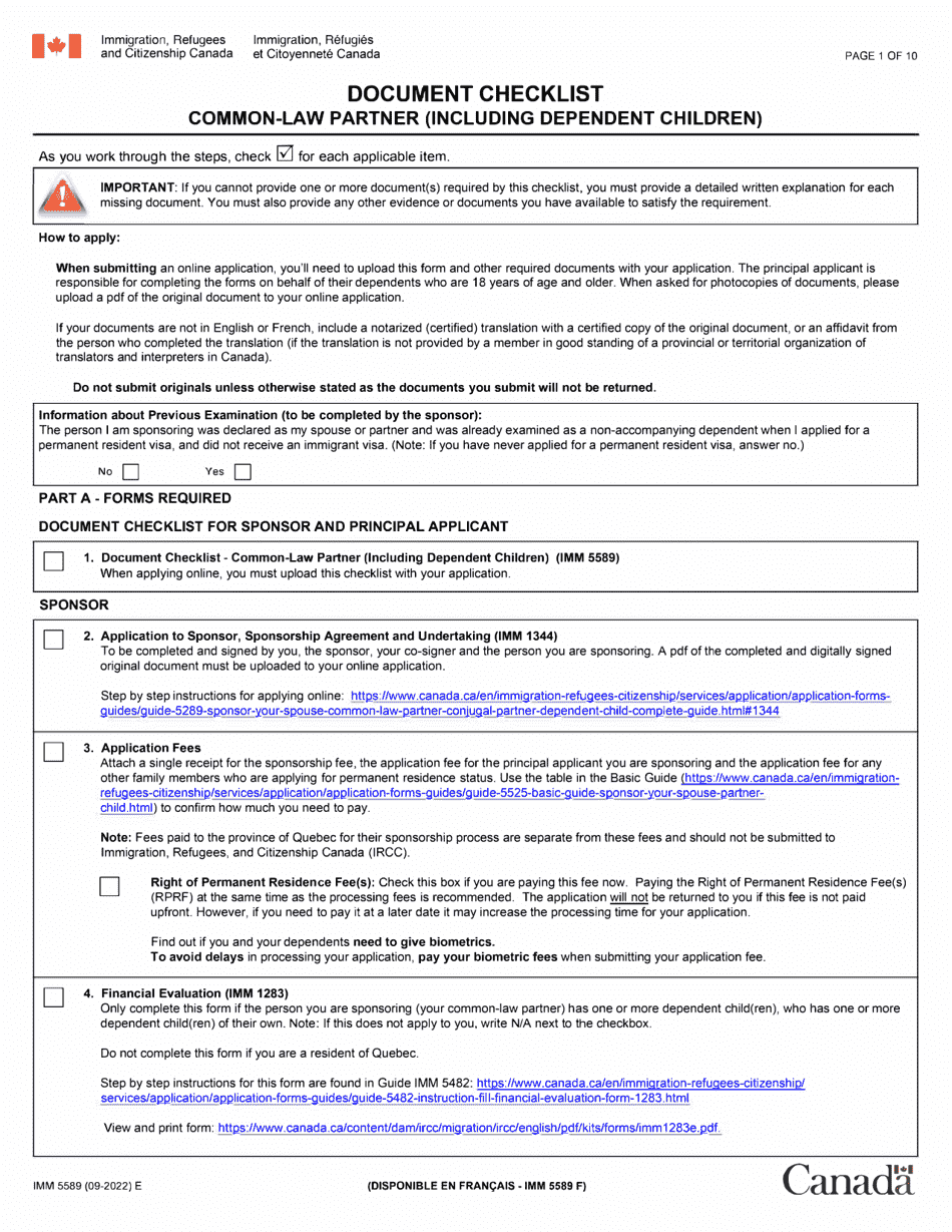 Form IMM5589 Document Checklist - Sponsoring a Common-Law Partner (Including Dependent Children) - Canada, Page 1