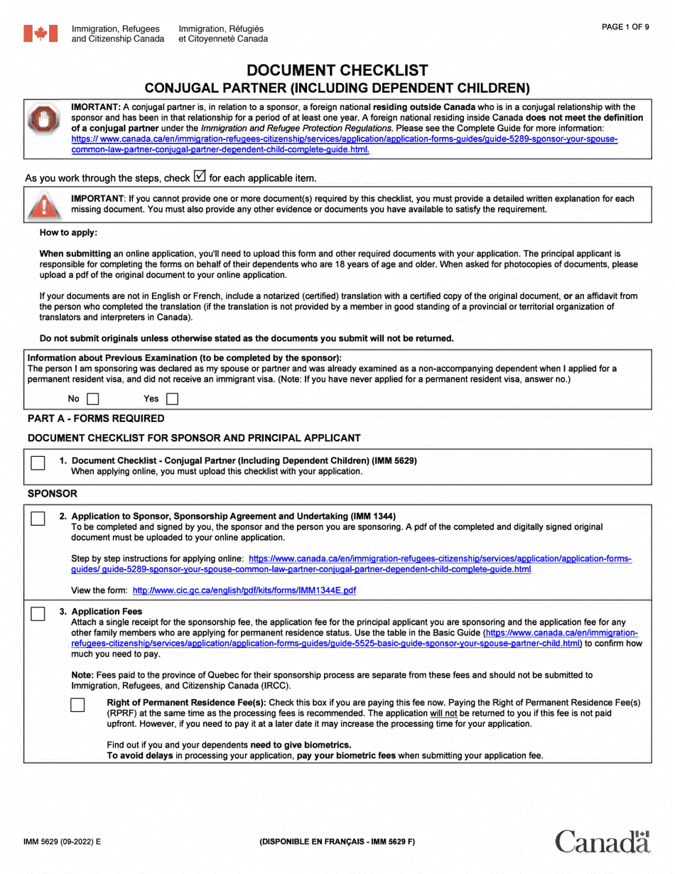 Form IMM5629 Document Checklist - Sponsoring a Conjugal Partner (Including Dependent Children) - Canada, Page 1