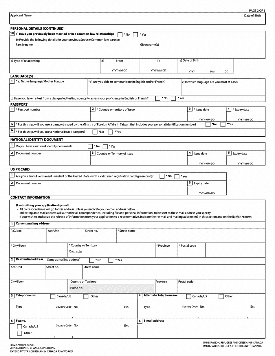 Form IMM5710 Application to Change Conditions, Extend My Stay or Remain in Canada as a Worker - Canada, Page 2