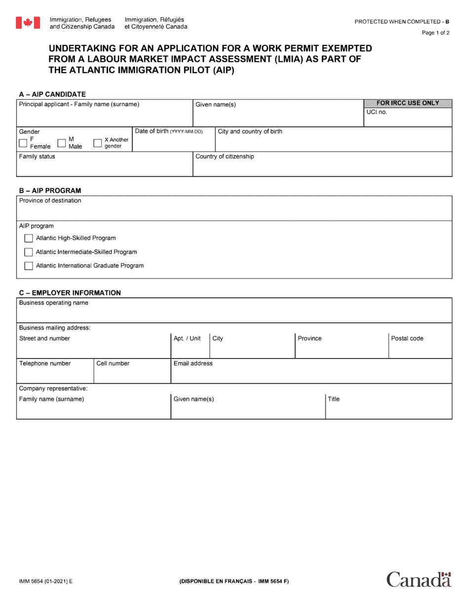 Form IMM5654 Undertaking for an Application for a Work Permit Exempted From a Labour Market Impact Assessment (Lmia) as Part of the Aip - Canada, Page 1