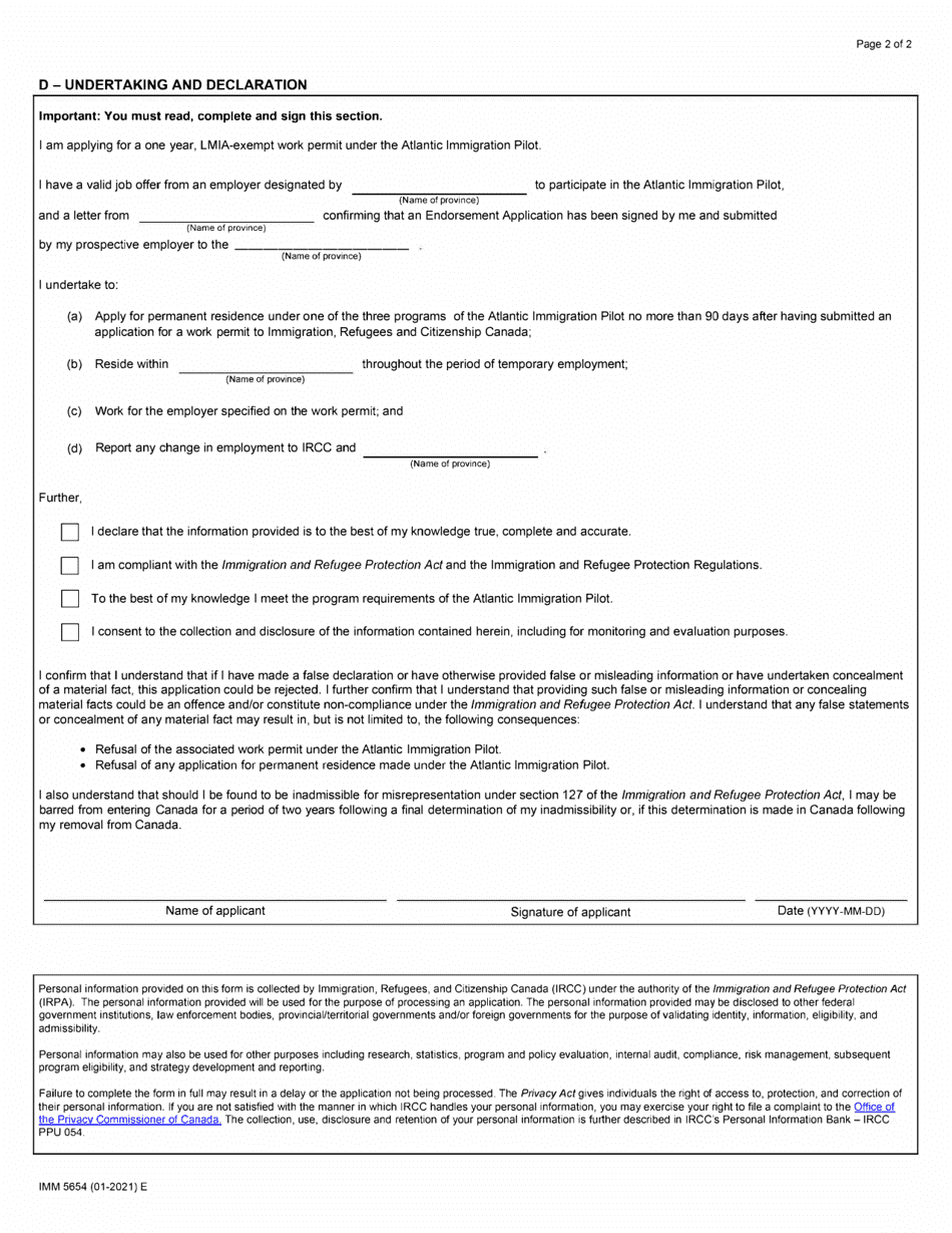 Form IMM5654 Undertaking for an Application for a Work Permit Exempted From a Labour Market Impact Assessment (Lmia) as Part of the Aip - Canada, Page 2