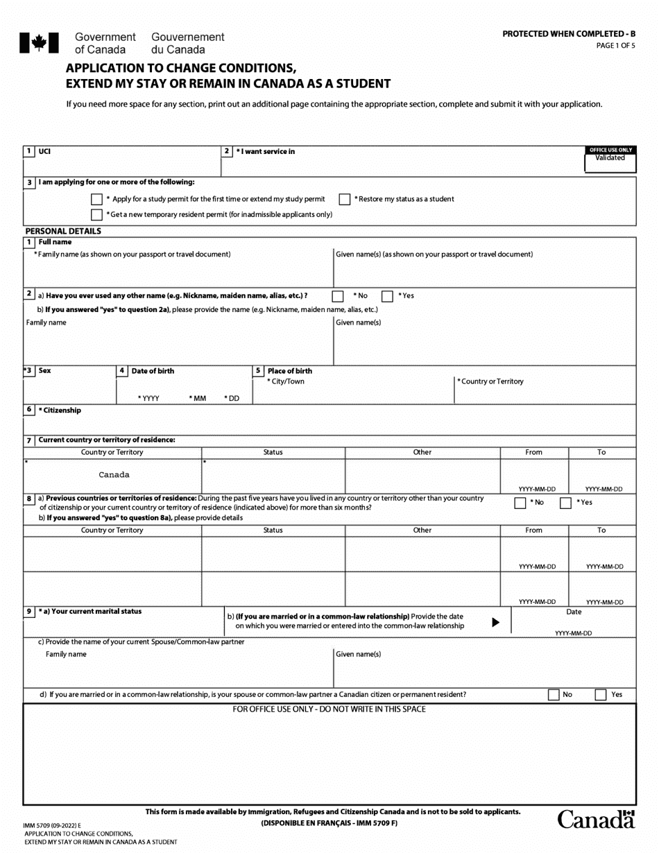 Form IMM5709 Application to Change Conditions, Extend My Stay or Remain in Canada as a Student - Canada, Page 1