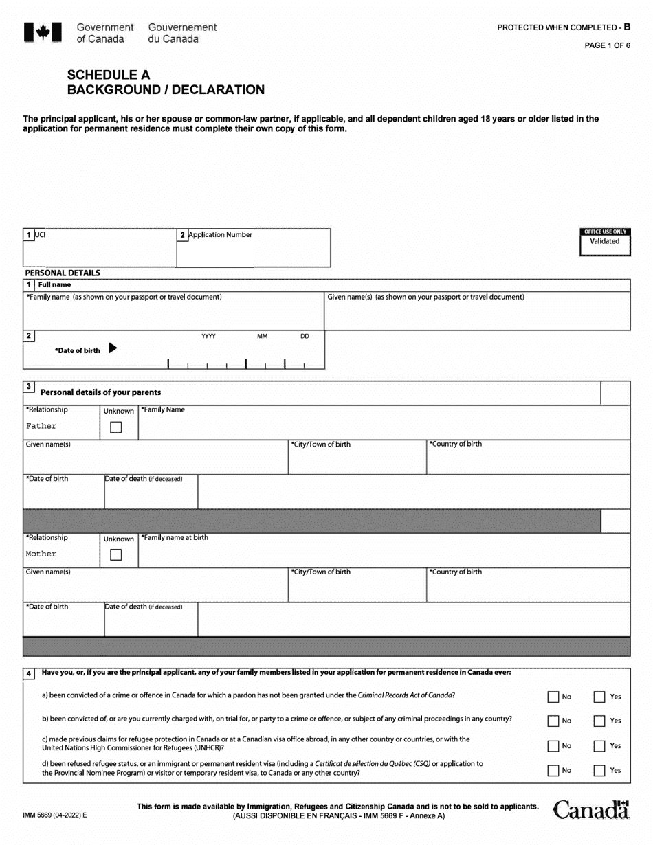 Form IMM5669 Schedule A Sponsorship Background / Declaration - to Be Used Only When Applying for Refugee Protection Within Canada (Guide 5746) - Canada, Page 1
