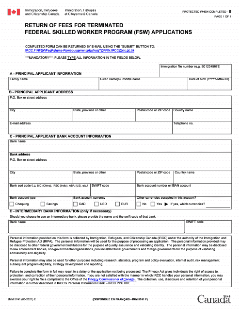 Form IMM5741 Return of Processing Fee, Right of Permanent Residence Fee or Right of Landing Fee - Canada
