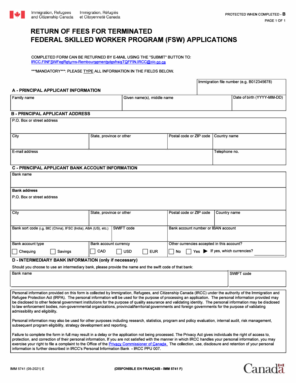 Form IMM5741 Return of Processing Fee, Right of Permanent Residence Fee or Right of Landing Fee - Canada, Page 1