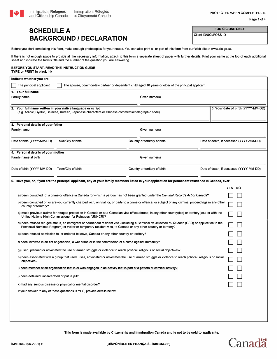 Form IMM5669 Schedule A Download Fillable PDF Or Fill Online Background ...