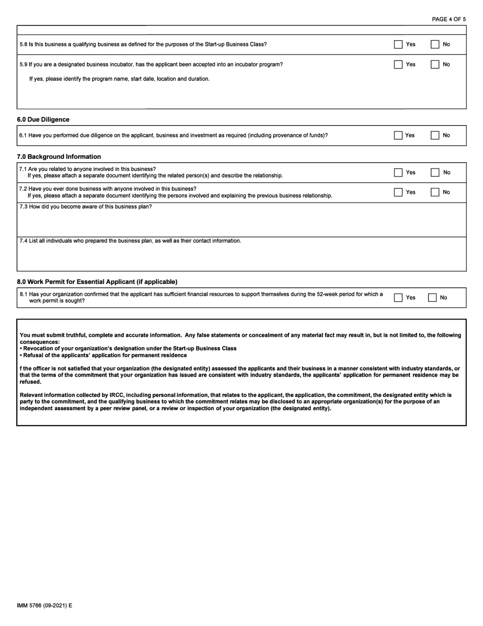 Form IMM5766 Start-Up Business Class Commitment Certificate - Letter of Support - Canada, Page 4