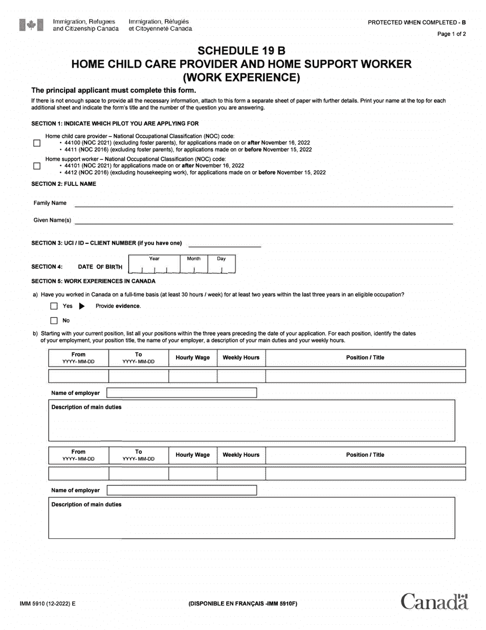 Form IMM5910 Schedule 19B Home Child Care Provider or Home Support Worker (Work Experience) - Canada, Page 1