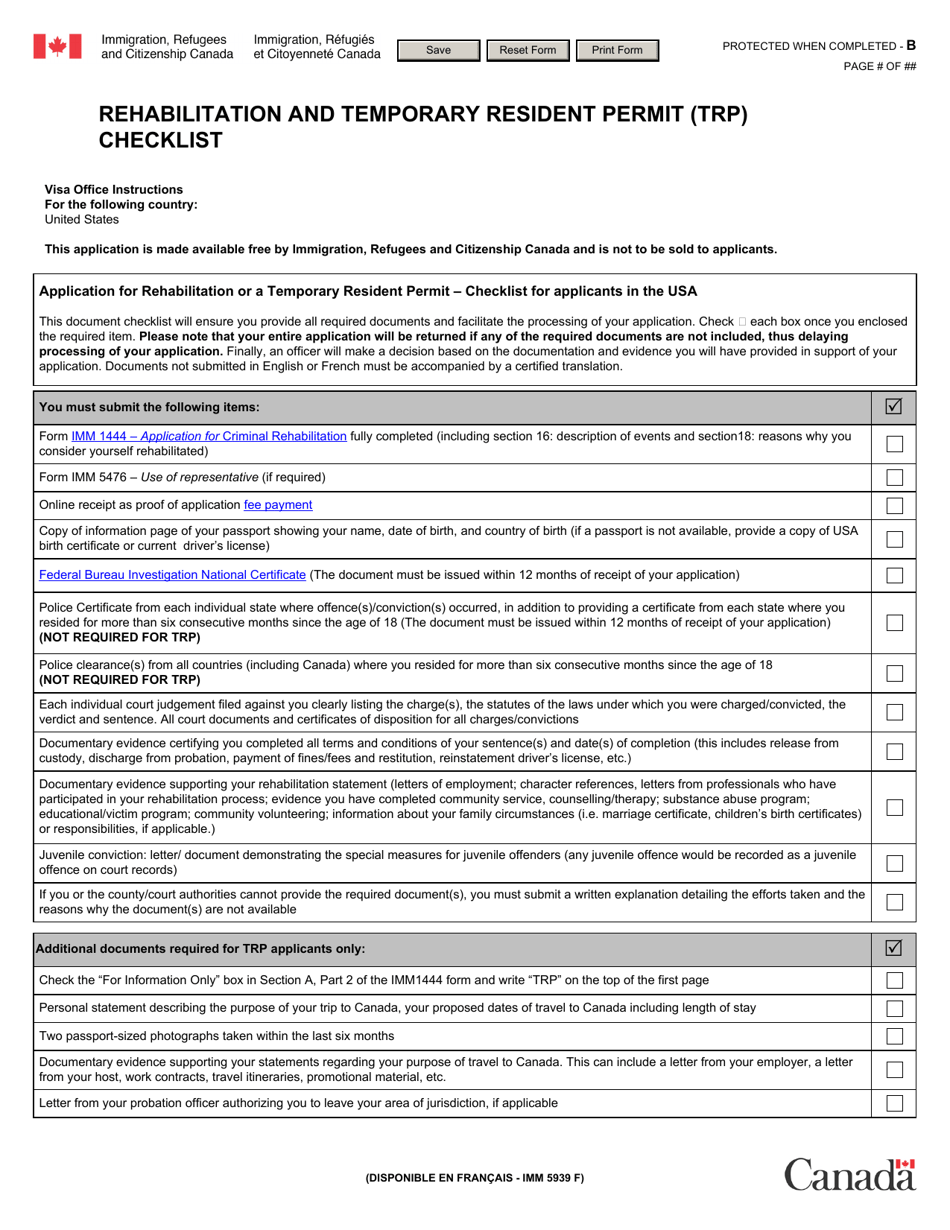 Form IMM5939 Rehabilitation and Temporary Resident Permit (Trp) Checklist - Canada, Page 1