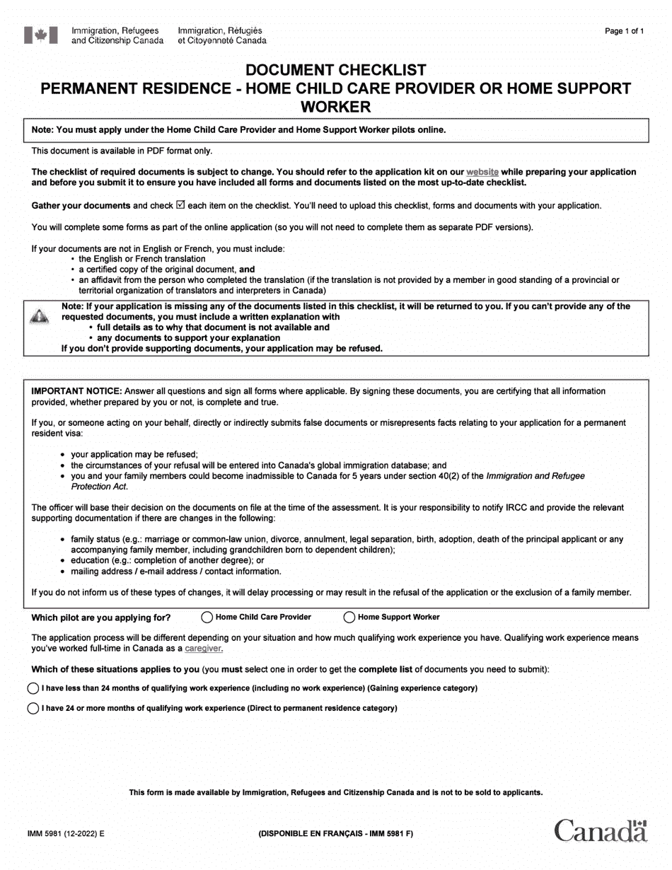 Form IMM5981 Document Checklist - Home Child Care Provider or Home Support Worker - Canada, Page 1