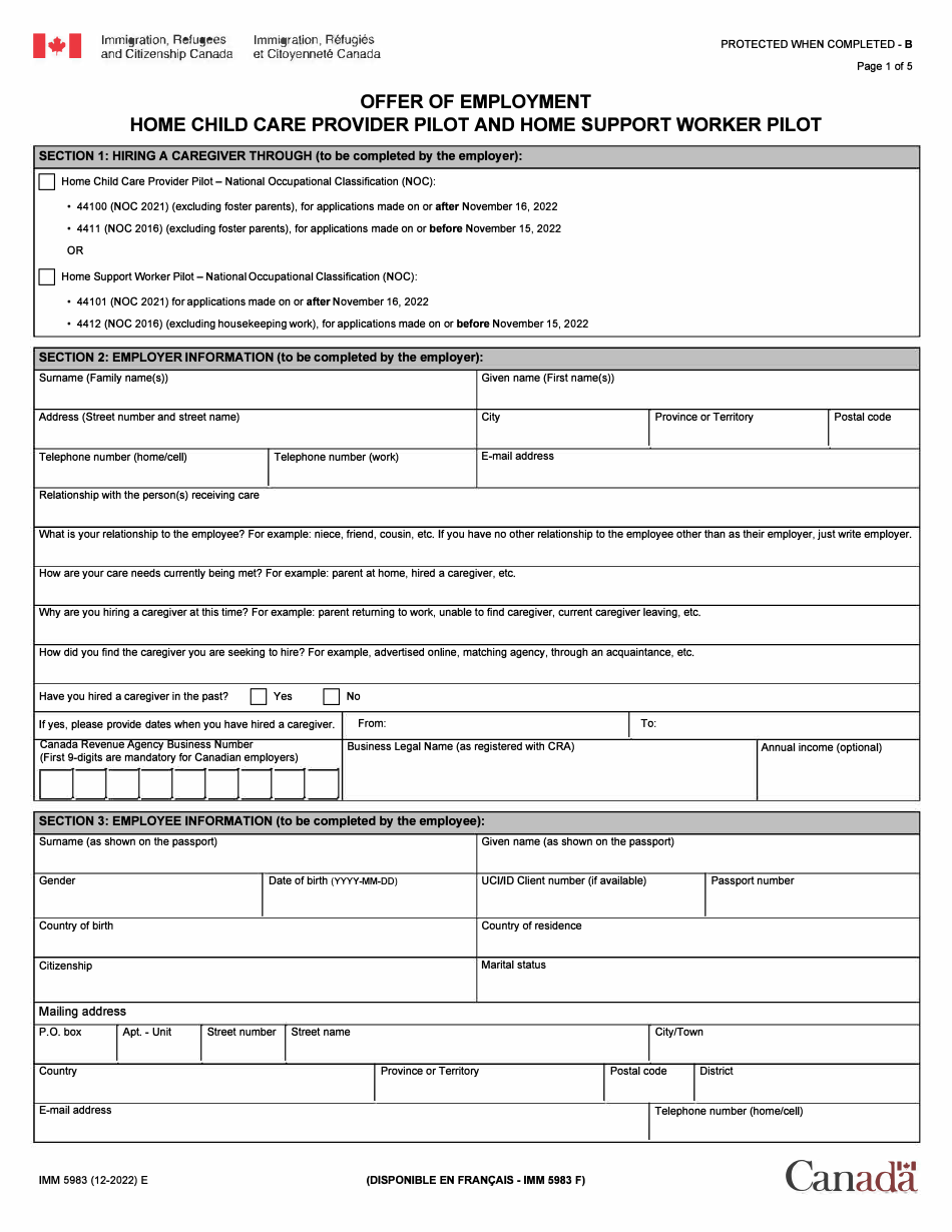 Form IMM5983 Offer of Employment - Home Child Care Provider or Home Support Worker - Canada, Page 1