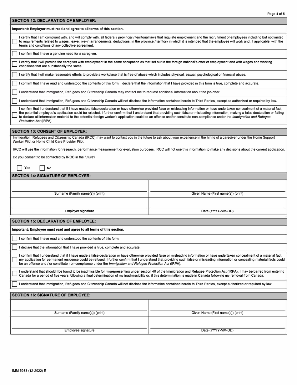 Form IMM5983 Offer of Employment - Home Child Care Provider or Home Support Worker - Canada, Page 4