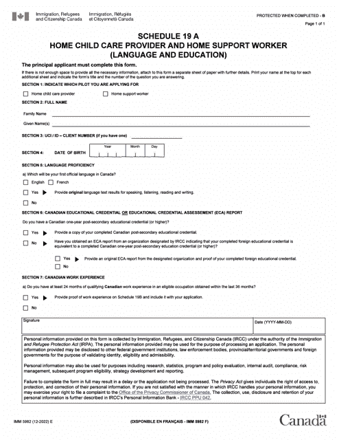 Form IMM5962 Schedule 19A Home Child Care Provider or Home Support Worker (Language and Education) - Canada