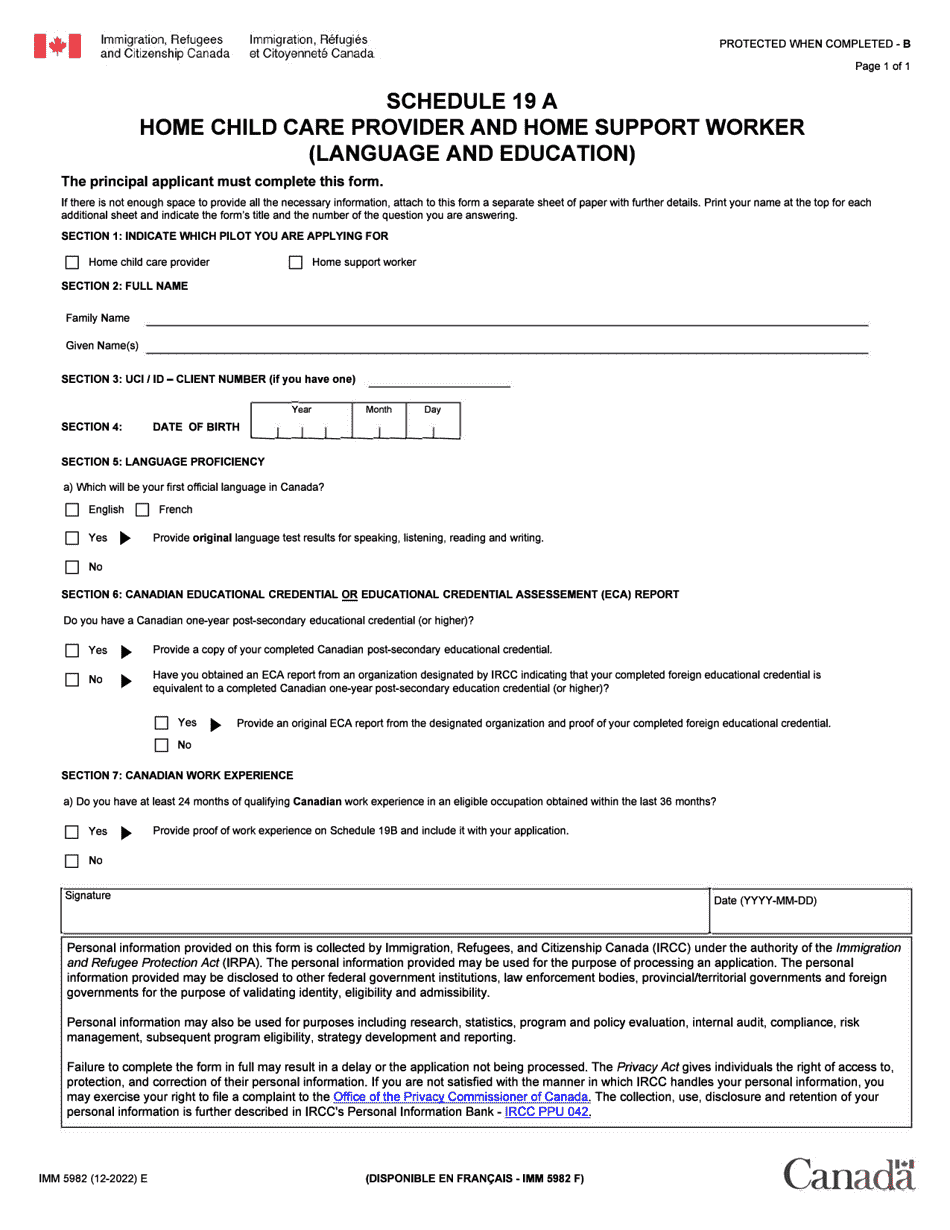 Form IMM5962 Schedule 19A Home Child Care Provider or Home Support Worker (Language and Education) - Canada, Page 1