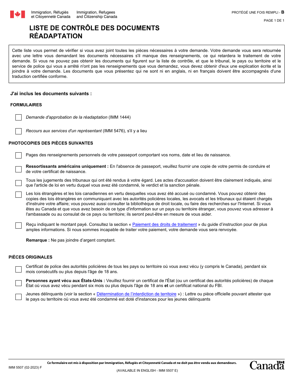 Forme IMM5507 Liste De Controle DES Documents Readaptation - Canada (French), Page 1
