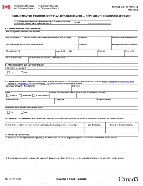 Forme IMM5663 Engagement De Parrainage Et Plan D'etablissement - Repondants Communautaires (RC) - Canada (French)