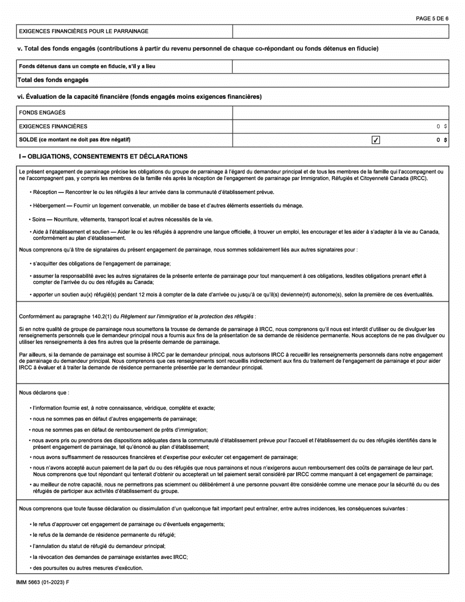 Forme IMM5663 Engagement De Parrainage Et Plan Detablissement - Repondants Communautaires (RC) - Canada (French), Page 5
