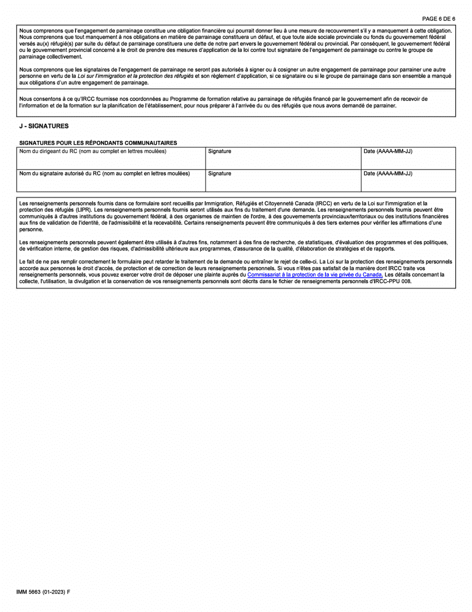 Forme IMM5663 Engagement De Parrainage Et Plan Detablissement - Repondants Communautaires (RC) - Canada (French), Page 6