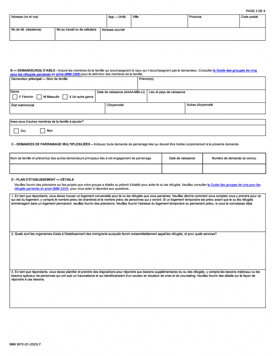 Forme IMM5670 Engagement De Parrainage Et Plan Detablissement - Groupes De Cinq - Canada (French), Page 2