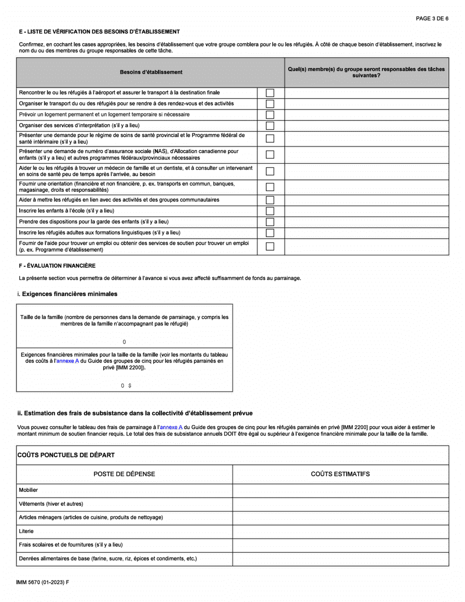 Forme IMM5670 Engagement De Parrainage Et Plan Detablissement - Groupes De Cinq - Canada (French), Page 3