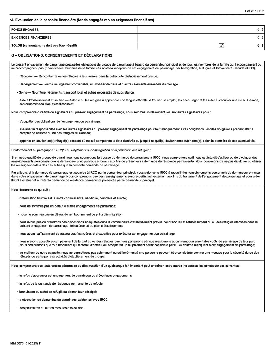 Forme IMM5670 Engagement De Parrainage Et Plan Detablissement - Groupes De Cinq - Canada (French), Page 5