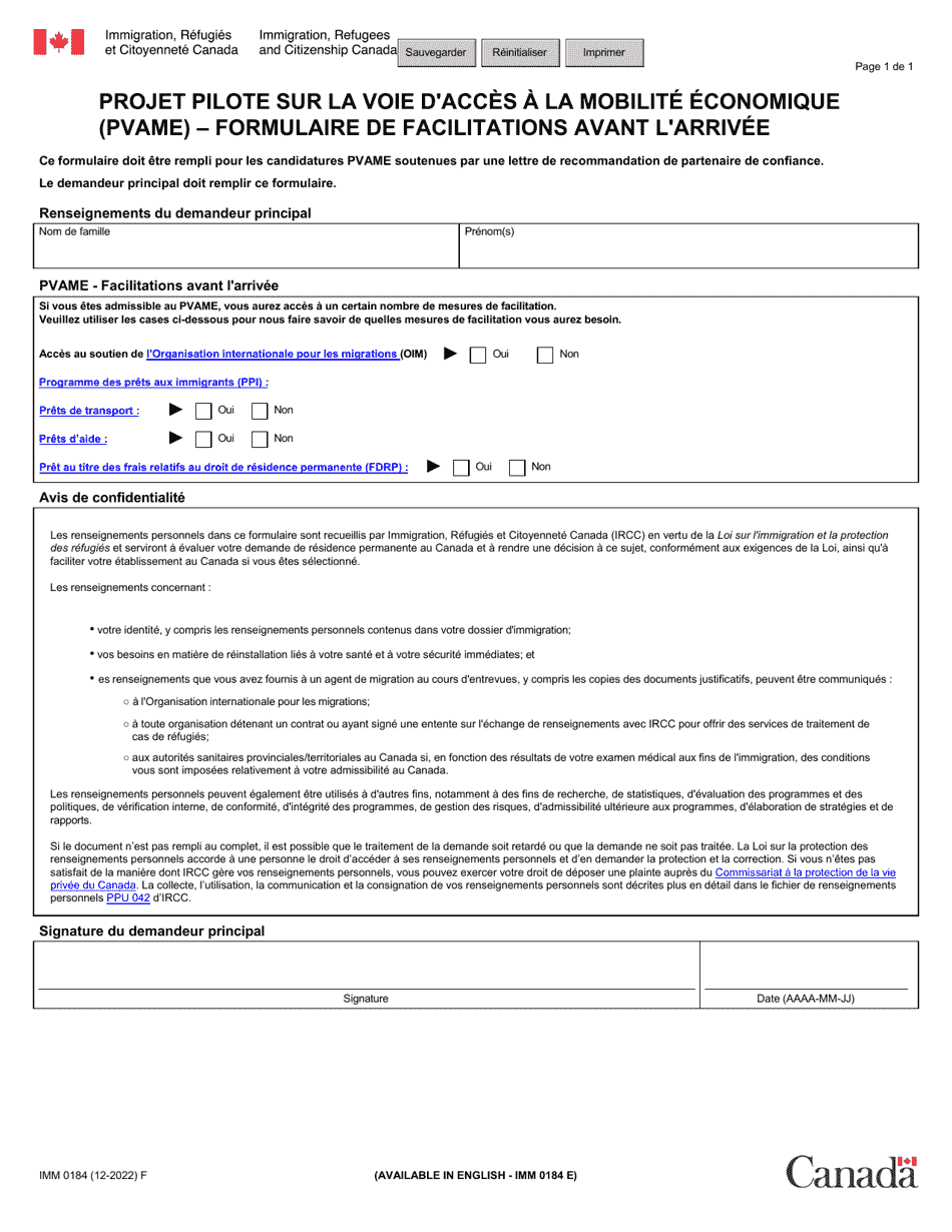 Forme IMM0184 Projet Pilote Sur La Voie Dacces a La Mobilite Economique (Pvame) - Formulaire De Facilitations Avant Larrivee - Canada (French), Page 1