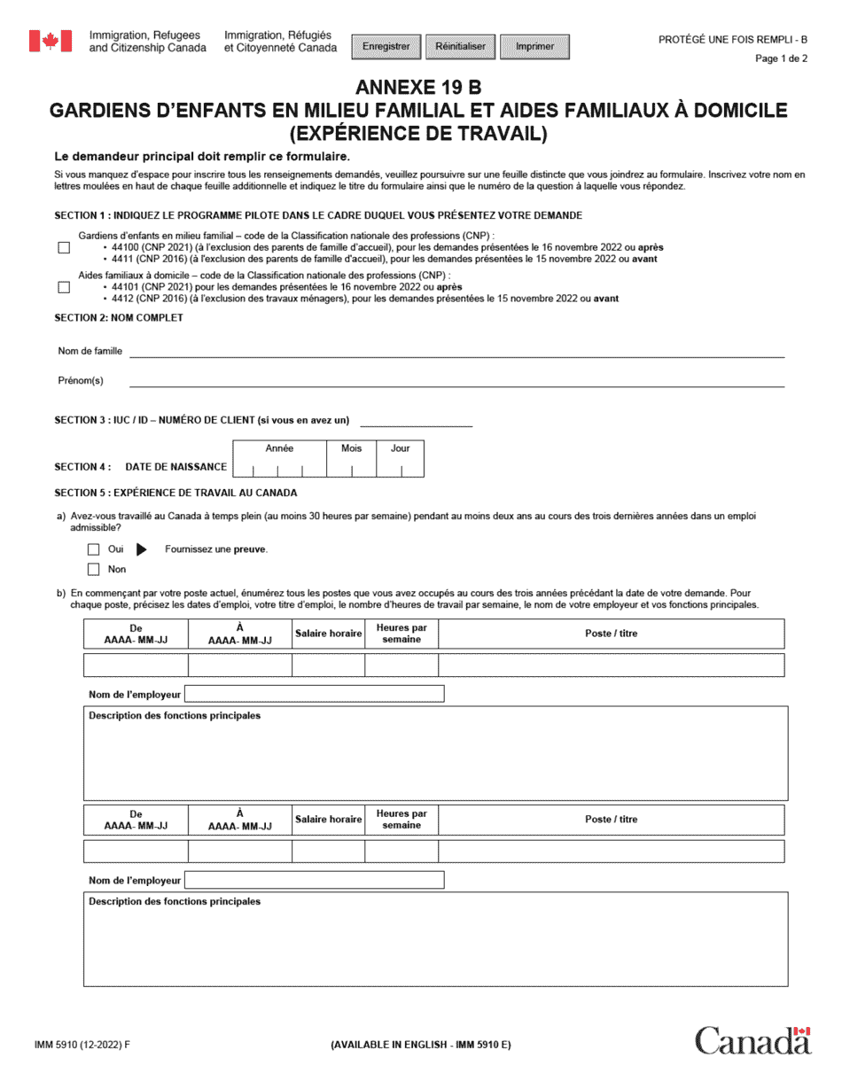 Forme IMM5910 Agenda 19B Gardiens Denfants En Milieu Familial Ou Aides Familiaux a Domicile (Experience De Travail) - Canada (French), Page 1