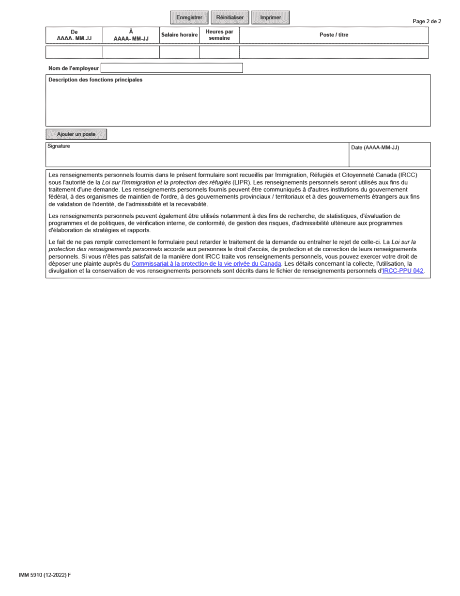 Forme IMM5910 Agenda 19B Gardiens Denfants En Milieu Familial Ou Aides Familiaux a Domicile (Experience De Travail) - Canada (French), Page 2